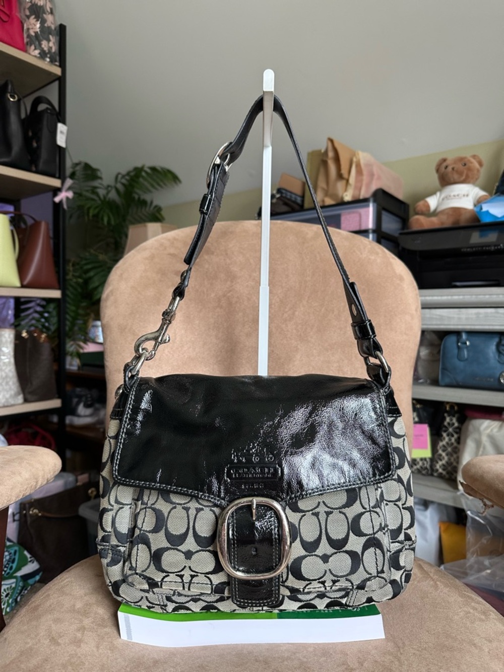 Coach Bleecker Signature Canvas & Black Patent Shoulder Bag #12562 GCondition
